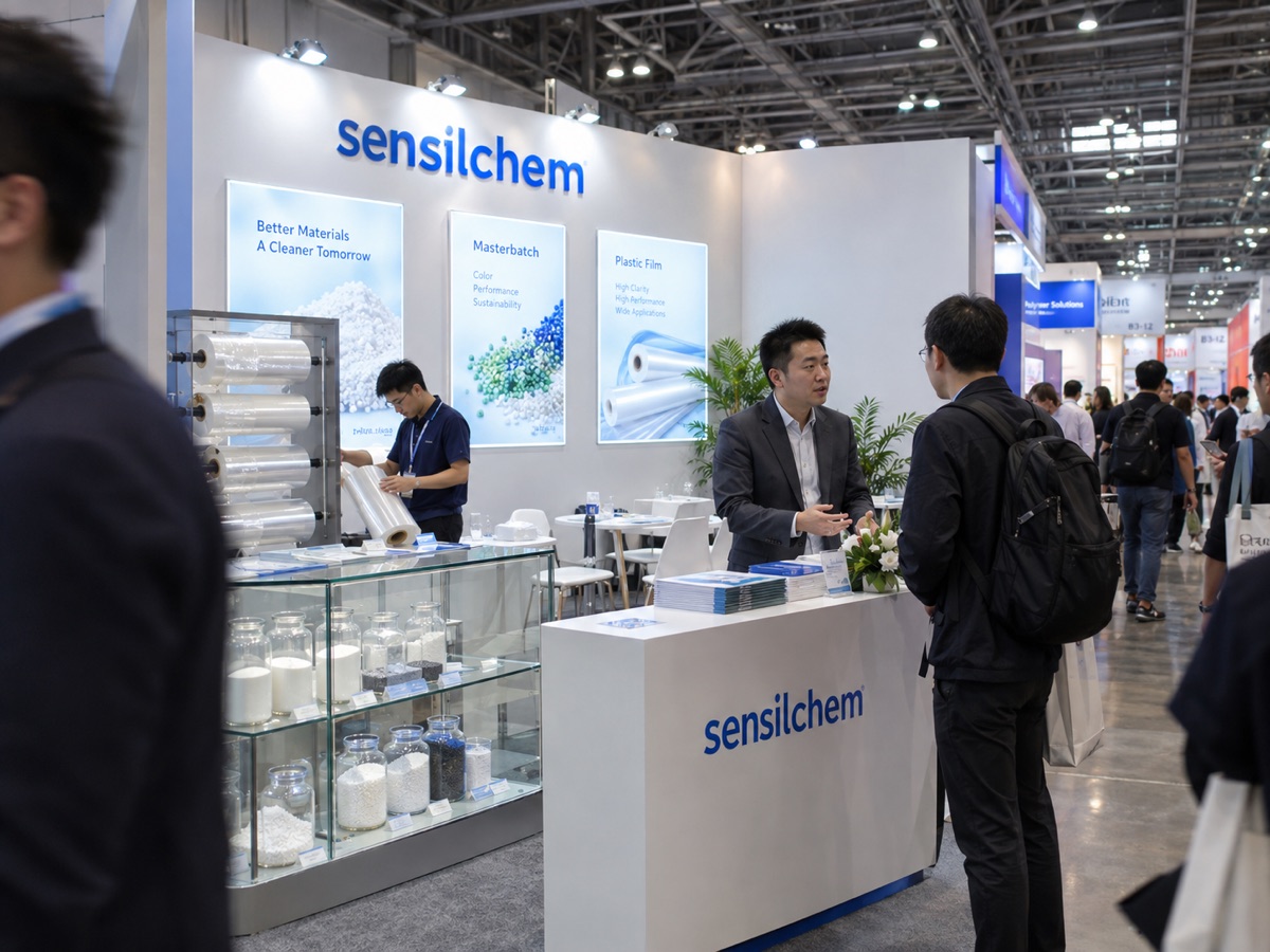 Sensilchem booth at K Show Düsseldorf, masterbatch and film samples on display