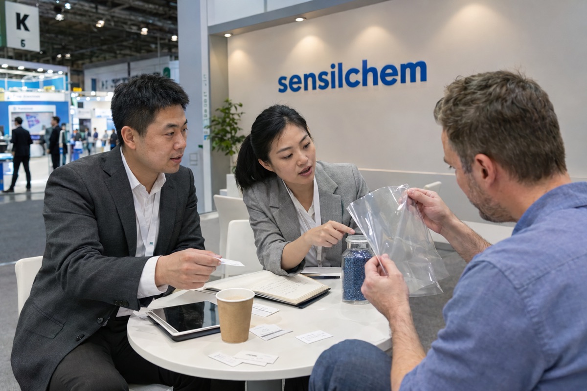 Technical discussion with a visitor at the Sensilchem booth, K Show