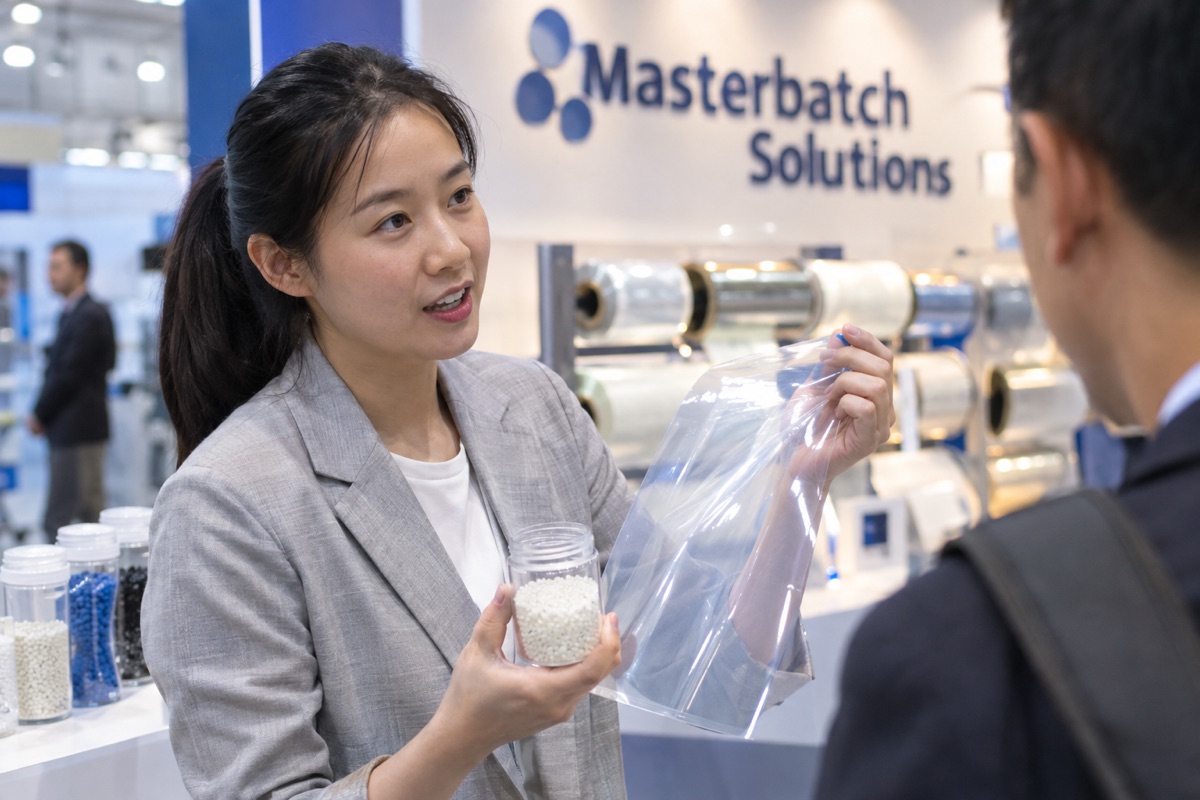 Masterbatch granules and transparent film sample, K Show Düsseldorf
