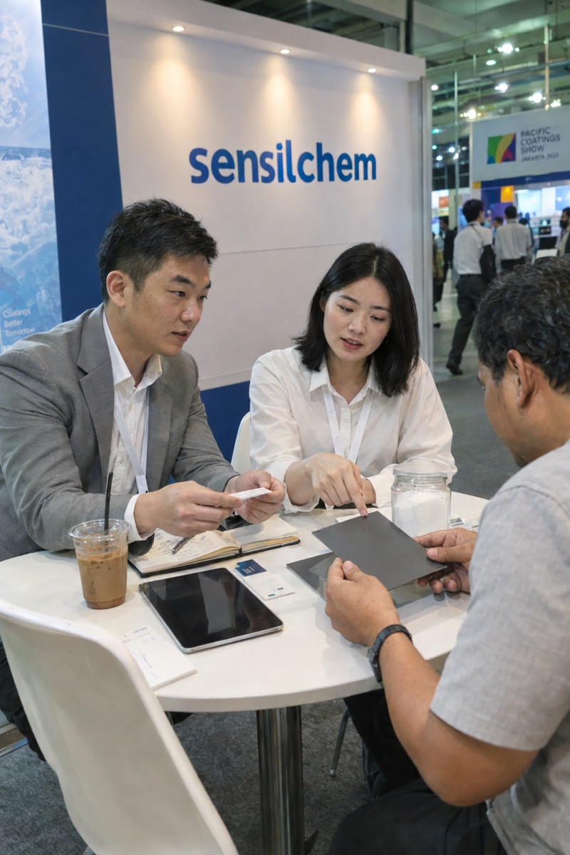 Matting agent discussion with a visitor, Pacific Coatings Show