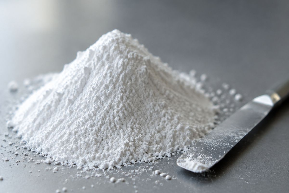 Fine white silica powder formed into a small heap on a laboratory surface with a stainless spatula