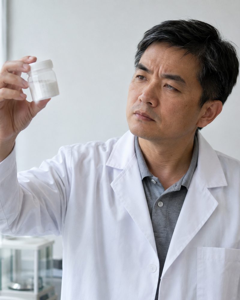 Chen Wei, Head of Application R&D at Sensilchem, examining a jar of white silica powder in the laboratory