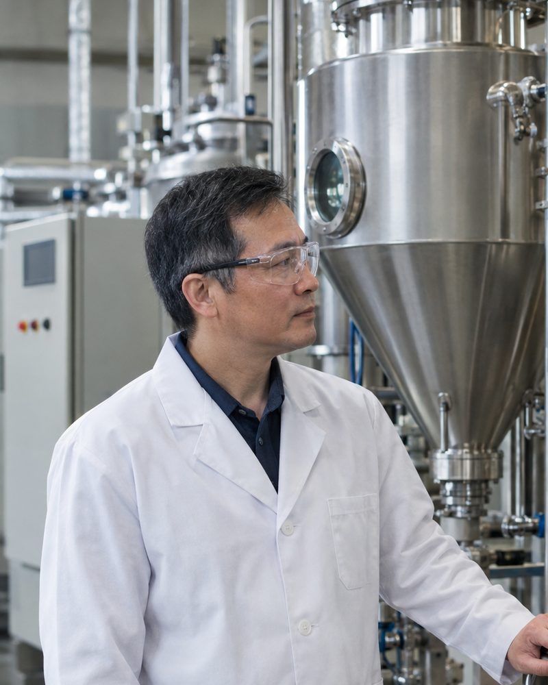 Lin Xiaoyu, Production and Pilot Plant Lead at Sensilchem, beside a spray dryer in the production hall