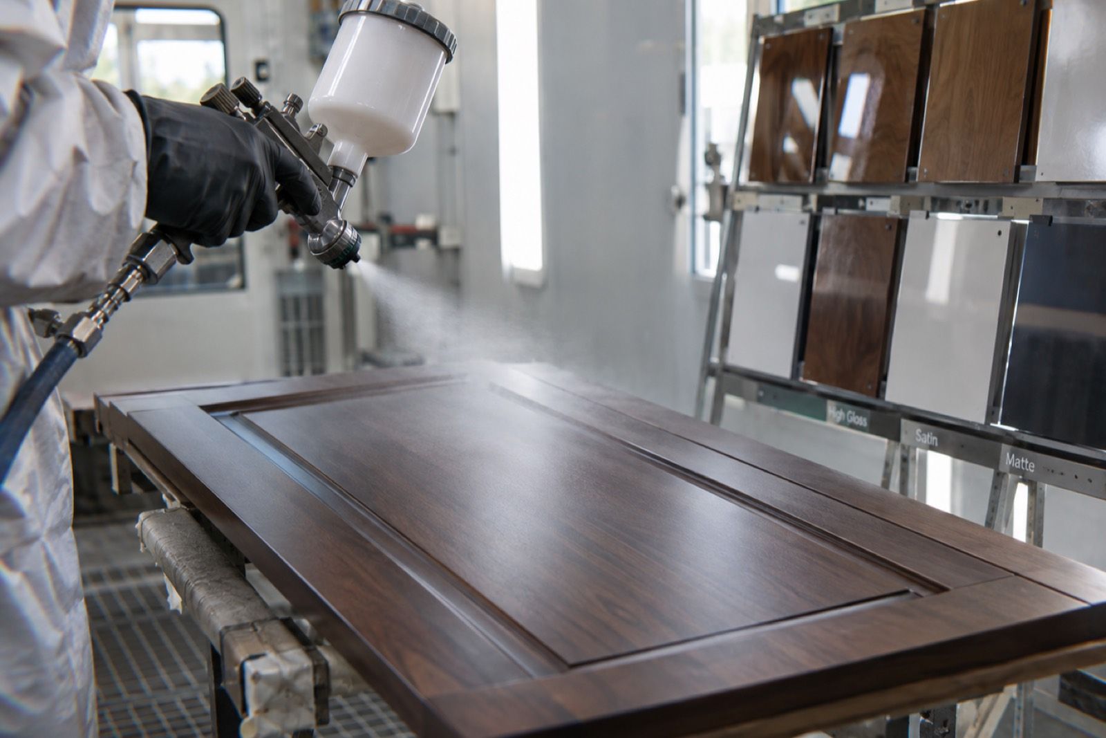 Clear matt lacquer being spray applied to a dark walnut door panel beside a rack of gloss comparison panels
