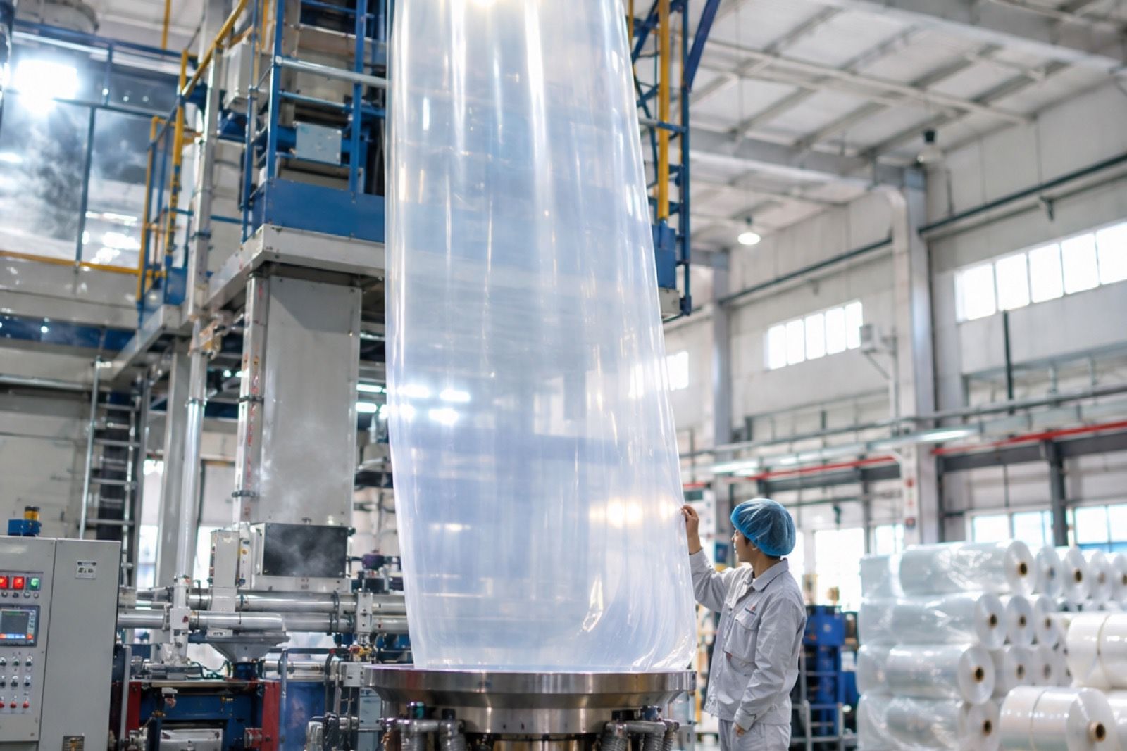 Operator checking a transparent polyethylene film bubble on a blown film extrusion line