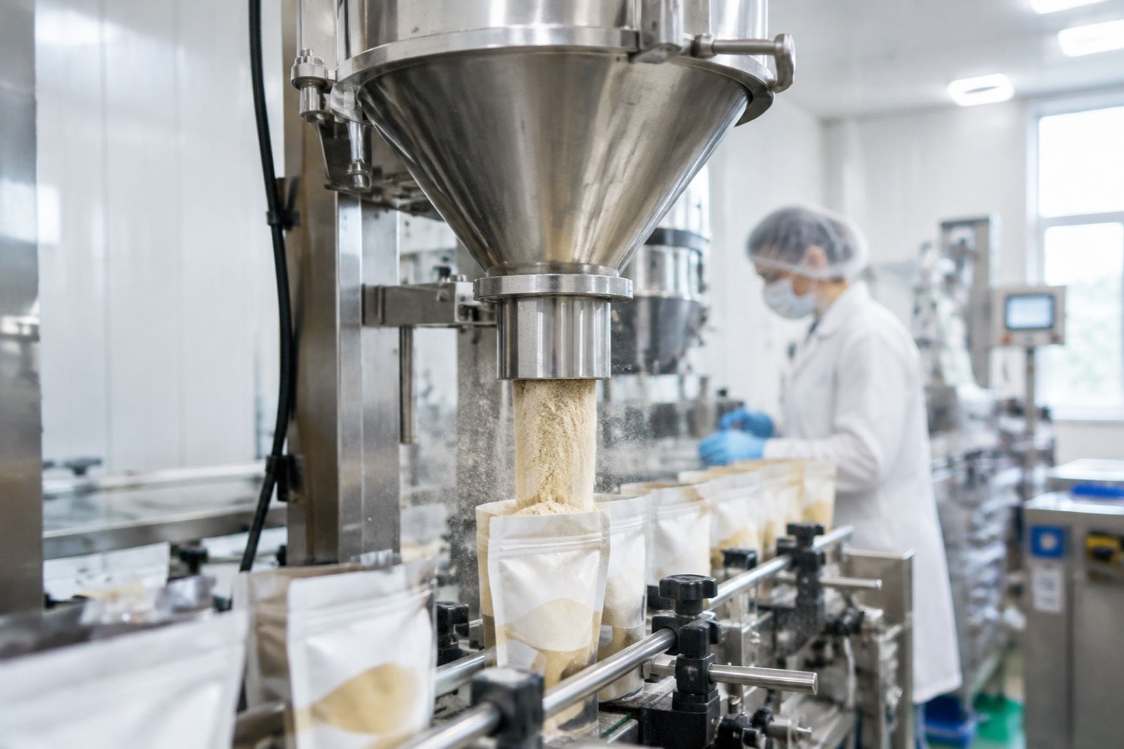 Seasoning powder being dosed into pouches on a food powder filling line